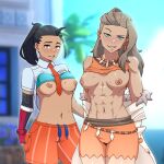 1:1_aspect_ratio 1girl 2_girls abs aqua_bra big_breasts black_hair blonde_hair bra bra_lift breasts brown_hair cmdrghost coat creatures_(company) creatures_inc. curvaceous curves cyan_eyes dark-skinned_female dark_skin game_freak green_eyes hair_pulled_back hair_slicked_back high_resolution huge_breasts humans_of_pokemon jewelry light_brown_hair lips long_hair looking_at_viewer midriff multiple_girls muscle muscular_female navel necklace nemona_(pokemon) nintendo olim_(pokemon) orange_eyes pokemon pokemon_(anime) pokemon_(game) pokemon_character pokemon_professor pokemon_sv professor_sada_(pokemon) rival_(pokemon_scarlet_&amp;_violet) sada_(pokemon) smile take_your_pick tanned thick_thighs thighs toned two_tone_hair