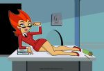 classroom danny_phantom desk green_eyes levelord lltoon looking_at_viewer on_desk penelope_spectra red_hair suit sunglasses