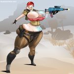 big_breasts borderlands borderlands_2 borderlands_3 breasts brown_hair gun hourglass_figure jacques00 lilith_(borderlands) red_hair tattooed_girl weapon yellow_eyes