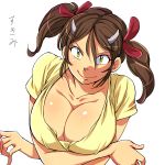  1girl animal_ears breasts brown_hair cleavage cow_girl cow_girl_(hataraki) female hair_ornament hataraki_ari horns huge_breasts naughty_face original shirt short_hair short_twintails simple_background solo text translated twin_tails twintails upper_body white_background yellow_eyes 