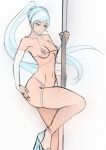  aestheticc-meme ass big_ass blue_eyes breasts choker earrings exhibitionism fishnets high_heels jewelry lingerie long_hair looking_at_viewer midriff nipples open_clothes pole pole_dancing ponytail rwby sketch small_breasts stockings stripper stripper_pole thick_thighs thighs thong very_long_hair weiss_schnee white_hair wide_hips 
