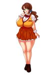  1girl amanooni_touri breasts brown_hair curvy dress female green_eyes huge_breasts legs long_hair original ponytail shirt shoes simple_background skirt solo standing thick_thighs thighs waitress white_background yokkora 