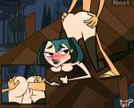 anal black_eyes black_hair blush bottomless breasts cartoon_network cody_(tdi) dyed_hair goth green_hair green_lipstick gwen_(tdi) hourglass_figure pale-skinned_female penis thick_ass thick_legs thick_thighs toes total_drama_island two_tone_hair