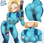 1_girl 1girl android_18 ass big_ass big_breasts blonde_hair bodysuit breasts clothed dragon_ball_z female female_only gun holding_weapon metroid multiple_views samus_aran short_hair solo weapon zero_suit 