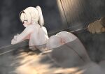  1girl 1girl 1girl ass back bathing big_breasts blonde_hair blue_eyes blush breasts completely_nude completely_nude_female crossed_arms female_only from_behind gishu hand_on_own_arm high_resolution hololive kazama_iroha large_filesize looking_at_viewer looking_back medium_hair nipples nude onsen partially_submerged pokobee ponytail pussy steam thighs tied_hair uncensored uncensored_vagina very_high_resolution virtual_youtuber water wet 