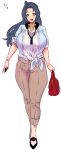  1girl bag blue_hair breasts female huge_breasts idolmaster long_hair long_image miura_azusa open_mouth pants red_eyes shirt shoes simple_background solo tall_image walking white_background yokkora 