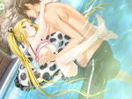  1boy 1girl barefoot blonde_hair blue_eyes blush breast_grab breasts censored clothed_sex dutch_angle eye_contact feet game_cg grabbing hair_ribbon hair_ribbons happoubi_jin hetero innertube kanojo_x_kanojo_x_kanojo leg_lock legs long_hair looking_at_another mosaic_censoring nipples orifushi_mafuyu partially_submerged penis pool ribbon ribbons sex shiki_haruomi shirt_lift small_breasts soles swimming_pool toes twin_tails twintails underwater underwater_sex water 