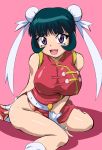  1girl :3 :d aqua_hair arm_behind_back arm_support bangs bare_shoulders belt between_legs beyblade beyblade_metal_fusion big_breasts blunt_bangs breasts bun_cover china_dress chinese_clothes double_bun dress erect_nipples fingerless_gloves footwear frills gloves hand_between_legs heart high_res highres huge_breasts ik ikumi_tan kneehighs large_breasts leaning_forward legs loose_socks magatama makino_tomoyasu mei_mei mei_mei_(beyblade) metal_fight_beyblade no_panties open_mouth pink_background purple_eyes red_skirt ribbon shadow shoes short_hair side_slit sidelocks simple_background sitting skirt sleeveless sleeveless_dress smile socks solo studded_belt sweat taut_clothes taut_dress taut_shirt turtleneck wariza white_gloves 