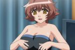  1girl arm arms bare_shoulders breasts breasts_out breasts_outside brown_hair cleavage collarbone female fukunaga_aoi gif isshoni_h_shiyo short_hair solo strapless undressing yellow_eyes 