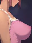 1girl bare_shoulders blush breasts breath camisole close-up erect_nipples female from_side head_out_of_frame heavy_breathing high_res highres huge_breasts large_breasts nipples no_bra oikko_chinpo_to_aishou_yosugite_oyako_manko_ga_muchuu_ni_nacchatta_ohanashi one-piece_tan perky_breasts pink_doragon pink_hair profile red_hair shirt short_hair sidelocks simple_background solo someoka_yusura standing sweat tan tan_line tanline taut_clothes upper_body yuuna_(oikko_chinpo)