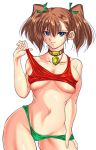  1girl blue_eyes breasts brown_hair navel smile solo twin_tails 