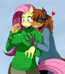  big_breasts black_fur blue_background blush breast_grab breasts brown_fur brown_hair closed_eyes clothed clothing duo equine eyewear female fluttershy friendship_is_magic glasses green_eyes grin grope hair heart horse kingofkof long_hair molestation my_little_pony pink_hair plain_background pony sssonic2 sweater sweetie-swirl yellow_fur 