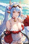 1girl ai_generated animal_ears animal_print bare_shoulders big_breasts bikini blue_hair breasts catura_(granblue_fantasy) cleavage cow_ears cow_girl cow_print female_only goggles goggles_on_head granblue_fantasy light_blue_hair looking_at_viewer neck_bell pointy_ears print_bikini red_coat swimsuit trynectar.ai twin_tails yellow_eyes