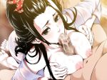  amane barefoot black_eyes black_hair breasts censored cum cum_in_mouth erect_nipples feet fellatio large_breasts liar-soft long_hair looking_up maybe nipples oiran_rouge oral paizuri penis soles toes 