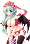  1girl anal_beads basket bat_wings bending_forward black_legwear blue_eyes blush bow box breasts censored condom condom_box condom_in_mouth crotchless_panties demon_girl demon_tail demon_wings dildo female front_ponytail green_eyes green_hair hair_bow hair_ornament hair_tubes heart horns jack-o'-lantern kagiyama_hina large_breasts legwear long_hair looking_at_viewer mouth_hold nipples panties pointless_censoring pumpkin pussy red_panties side-tie_panties simple_background smile solo succubus tail thighhighs topless touhou underwear white_background wings yayoi_and_nagi 