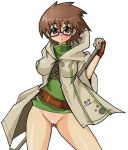 0k0j0 1girl :&lt; aussa_the_earth_charmer blush bottomless breasts brown_eyes brown_hair cloak duel_monster elemental_charmers_(yu-gi-oh!) fingerless_gloves frown glasses gloves no_pants pussy shirt short_hair solo sweat sweatdrop turtleneck uncensored yu-gi-oh! yuu-gi-ou yuu-gi-ou_duel_monsters