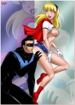  1boy 1girl batman_(series) bbmbbf big_breasts blonde_hair blue_skirt breasts cape dc dc_comics dcau dick_grayson gloves justice_league justice_league_unlimited kara_danvers kara_zor-el male/female mask nightwing no_bra palcomix_vip partially_clothed rimming sideboob skirt skirt_lift supergirl superman:_the_animated_series superman_(series) 