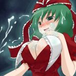  blush breasts cleavage cum cum_in_mouth cum_on_body cum_on_breasts cum_on_hair cum_on_tongue cum_on_upper_body ejaculation facial green_eyes green_hair hair_ribbon hina_kagiyama kagiyama_hina large_breasts oro_(zetsubou_girl) penis ribbon tongue touhou 
