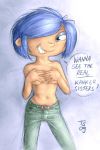 1girl blue_hair cover_up ed,_edd,_&#039;n&#039;_eddy hair_over_one_eye kanker_sisters looking_at_viewer marie_kanker naughty_face smile solo tommy_simms topless