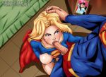  1boy 1girl blonde_hair blue_eyes breasts cape clark_kent clothed dc dc_comics dcau exposed_breasts fellatio indoors justice_league justicehentai.com male/female oral penis_in_mouth supergirl superman superman_(series) 