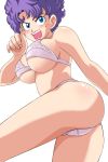1girl angry ass bare_shoulders blue_eyes bra breasts dragon_ball fighting highres large_breasts legs lingerie looking_at_viewer mole open_mouth panties purple_bra purple_hair purple_panties ranfan short_hair simple_background solo standing thighs trinitron_cg underboob underwear underwear_only white_background
