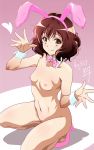  1girl 1girl 1girl animal_ears artist_logo blush bow bowtie breasts brown_eyes brown_hair bunny_ears bunny_girl dated detached_collar female_focus hair_ornament hairband hands_up heart hibike!_euphonium high_heels high_resolution looking_at_viewer navel nii_manabu nipples nude nude_filter open_hands oumae_kumiko pink_background pussy shoes short_hair simple_background small_breasts smile squatting third-party_edit uncensored wrist_cuffs 