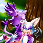 blaze_the_cat blush breasts nancher naughty_face nipples rouge_the_bat sega smile sonic_*(series) sonic_the_hedgehog_(series) tail tree wings yuri