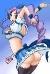  1girl aono_miki arms_up ass back blue_skirt blush bottomless breasts cure_berry drill_hair earrings fresh_precure! fresh_pretty_cure fresh_pretty_cure! hair_ornament heart_hair_ornament jewelry long_hair looking_back magical_girl masakichi_(heppouku) midriff miki_aono nipples no_panties precure pretty_cure purple_eyes purple_hair pussy skirt solo thighhighs uncensored upskirt 