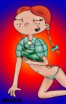 1girl artist_name closed_eyes covering_breasts donnie female_only gradient_background hey_arnold! kneeling lila_sawyer panties pigtails red_hair topless_female