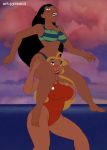  balance beach bikini breasts carrying carrying_over_shoulder legs_up lifeguard_(lilo_and_stitch) lilo_and_stitch looking_up nani_pelekai on_shoulders pyramid_(artist) sexy sitting_on_shoulders surfing swinging_breasts yuri 