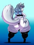 1girl 5_fingers absurd_res anthro ass big_ass blue_eyes blue_highlights bottomless breasts clothed clothing domestic_cat felid feline felis fingers fur furry gradient_background grey_hair hair hair_highlights hand_on_butt high_res huge_ass legwear looking_at_viewer looking_back mammal mitzi_(doggod.va) short_stack simple_background sssonic2 standing stockings thick_thighs tongue tongue_out white_fur wide_hips