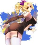  1girl akai_kagerou_(artist) annie_murakami ass bare_shoulders big_breasts blonde_hair blush breasts bridal_gauntlets brown_eyes dress drill_hair elbow_gloves garter_straps gloves hair_ornament hair_ribbon large_breasts long_hair looking_back rage_of_the_dragons ribbon skirt snk socks solo standing thighhighs twin_drills twintails 