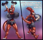 akrennian alien big_breasts breasts cameltoe claws dialogue don_bluth english_text female green_eyes gym_clothes huge_breasts hyper hyper_breasts looking_back marauder6272 nessie_(submissivetrout) text titan_a.e. unknown_artist weights working_out