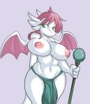  anthro big_breasts breasts dragon female green_eyes half-dressed loincloth looking_at_viewer lunym magic_user nipples polearm solo spellcaster staff topless wings yaita 