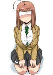  1girl ahoge between_breasts big_breasts blindfold blush breasts brown_hair clothes_between_breasts high_res highres large_breasts long_hair maru_(maruttona) maruttona minoru_oba neck_tie necktie o-cup-chan o_cup-chan_(maruttona) original pleated_skirt school_uniform seiza simple_background sitting skirt solo sweatdrop white_background 