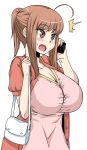  1girl ahoge breasts brown_eyes brown_hair dress female high_res highres huge_breasts maru_(maruttona) maruttona minoru_oba open_mouth original phone phoning ponytail simple_background solo standing telephone white_background 