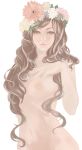  1girl breasts brown_eyes brown_hair flower head_wreath long_hair nipples nude original solo 