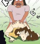 1girl ass_up blush bottomless brown_hair crayon_shin-chan dark-skinned_male dark_skin gradient_background green_background jpeg_artifacts long_hair milf misae_nohara nohara_misae open_mouth rape sad sex simple_background source_request tears text top-down_bottom-up vaginal yonro