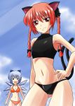  2girls animal_ears bare_shoulders bikini bow braid cat_ears cat_tail cirno flat_chest hair hair_bow hand_on_hip high_res highres hips kaenbyou_rin light_smile midriff multiple_girls multiple_tails navel nishi_koutarou pose posing red_eyes red_hair short_hair small_breasts swimsuit tail tankini touhou twin_braids wings 