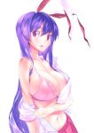  1girl animal_ears bra breasts bunny_ears female huge_breasts long_hair looking_at_viewer navel open_clothes open_shirt pink_background pink_eyes purple_eyes purple_hair reisen_udongein_inaba shirt skirt solo touhou underwear undressing very_long_hair white_background white_shirt yaten 