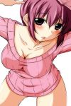  1girl bare_legs big_breasts blush breasts cleavage highres hoshizora_ikuyo large_breasts looking_at_viewer milf naked_sweater nishi_koutarou precure red_eyes red_hair ribbed_sweater short_hair simple_background smile_precure! solo sweater white_background 