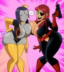  2_girls adult_swim big_ass big_breasts bubble_text cosplay crossover crossover_cosplay dc_comics doctor_girlfriend grimphantom jiggle molotov_cocktease nipples raven_(dc) starfire teen_titans text_bubble venture_brothers yuri 