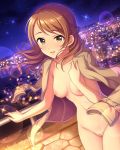  annindoufu_(oicon) blurry brown_eyes brown_hair depth_of_field exhibitionism female_only houjou_karen idolmaster innie_pussy medium_breasts night_sky nipples open_clothes open_mouth outside paipan public_nudity standing thighs uncensored 