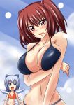  2girls big_breasts bikini blue_eyes blue_hair blush breast_hold breasts bust cirno hair hair_bobbles hair_ornament high_res highres large_breasts multiple_girls nishi_koutarou onozuka_komachi red_eyes red_hair short_hair swimsuit touhou twin_tails twintails upper_body 