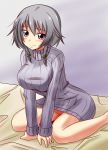  1girl alternate_costume bed big_breasts blue_eyes blush bottomless braid breasts female high_res highres izayoi_sakuya large_breasts naked_sweater nishi_koutarou no_hat no_headwear no_panties short_hair silver_hair simple_background sitting smile solo sweat sweater touhou twin_braids wariza 