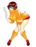  1girl bent_over big_breasts breasts brown_eyes brown_hair curvy female_only glasses hanna-barbera johnrokk kneehighs magnifying_glass mary_janes miniskirt scooby-doo shoes short_hair skirt sleeves_pushed_up socks solo_female sweater thighs turtleneck velma_dinkley 