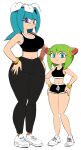  1girl 2_girls big_ass big_breasts black_clothing blue_hair breasts cosmo_the_seedrian dark_clothing female_focus female_only galaxina_the_seedrian green_hair purple_eyes sega sisters small_ass small_breasts small_butt smaller_female sneakers sonic_the_hedgehog_(series) sonic_x tagme taller_female taller_girl taller_woman teal_eyes voluptuous wide_hips workout_clothes yuta_agc 
