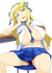  1girl :d arm_support between_breasts blonde_hair blue_eyes blue_necktie breasts chair desk fang hair_ribbon hairband hand_on_own_face huge_breasts katsuragi_(senran_kagura) large_breasts long_hair navel necktie open_clothes open_mouth open_shirt plaid plaid_skirt ribbon school_uniform senran_kagura senran_kagura_(series) shirt simple_background skirt smile solo spread_legs toudori white_background 