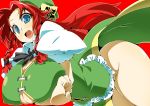  1girl beret blue_eyes braid breasts china_dress chinese_clothes cleavage dress female hat hong_meiling huge_breasts long_hair no_bra no_panties perfection red_hair solo the_embodiment_of_scarlet_devil toudori touhou twin_braids 
