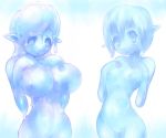  1girl artist_request blue_eyes blush breast_hold breasts goo_girl monster_girl navel original slime smile solo 